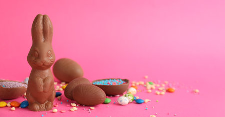 Chocolate Easter bunny, eggs and candies on pink background. Space for textの写真素材