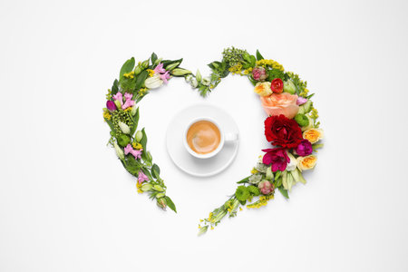 Beautiful heart shaped floral composition with cup of coffee on light background, flat layの写真素材