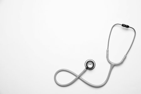 Stethoscope on white background, top view. Space for textの写真素材