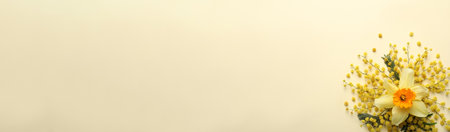 Beautiful floral composition with mimosa flowers on beige background, flat lay. Space for textの写真素材