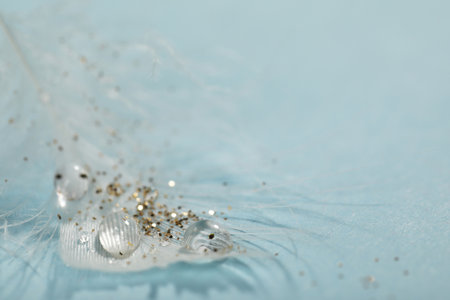 Closeup view of beautiful feather with dew drops and glitter on light blue background, space for textの写真素材