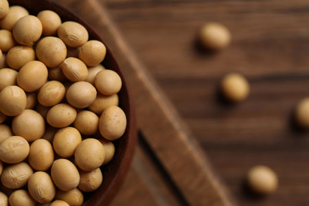 Natural soy beans on wooden table, closeup. Space for textの写真素材