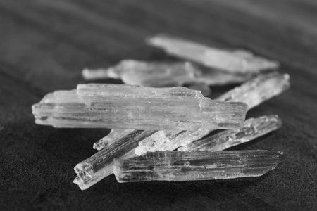 Menthol crystals on gray background, closeup viewの写真素材
