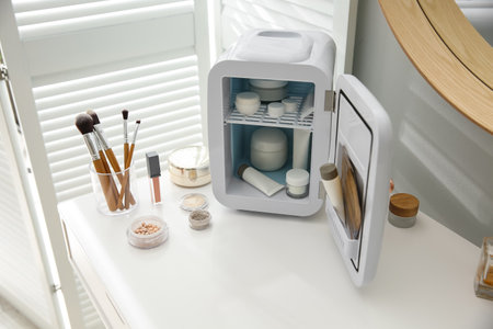 Cosmetics refrigerator and skin care products on white vanity table indoorsの写真素材