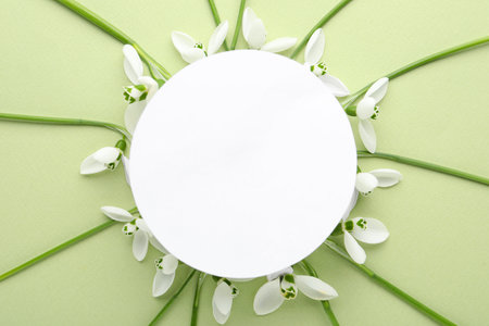 Frame of beautiful snowdrops around paper card on light background, flat lay. Space for textの写真素材