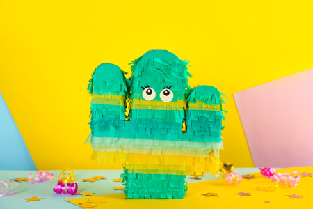 Cactus shaped pinata, streamers and glitter on color backgroundの写真素材