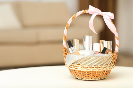Wicker basket full of gifts on white table in living room. Space for textの写真素材