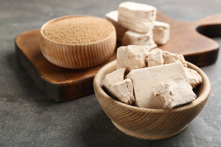 Compressed and granulated yeast on gray tableの写真素材