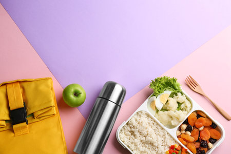 Flat lay composition with thermo and food on color background. Space for textの写真素材