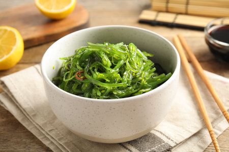 Japanese seaweed salad served on table, closeupの写真素材