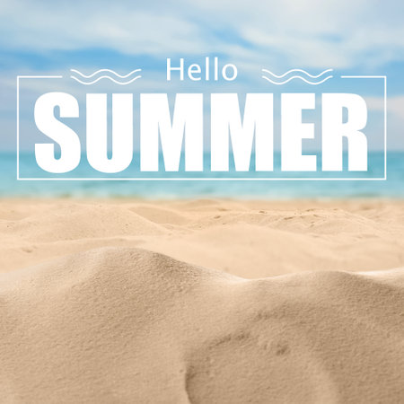 hello summer. Beautiful beach with golden sand near ocean, closeup viewの写真素材