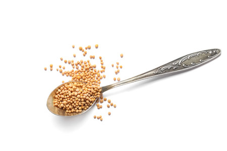 Spoon with mustard seeds on white background, top viewの写真素材