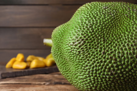 Fresh exotic jackfruit on wooden table, closeupの写真素材