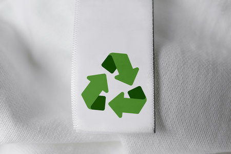 Clothing label with recycling symbol on white shirt, closeup viewの写真素材