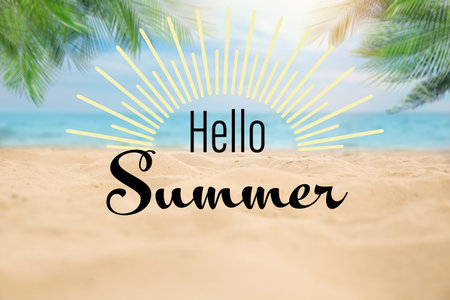 hello summer. Sandy beach with palms near ocean on sunny dayの写真素材