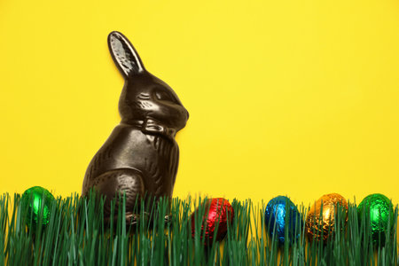 Chocolate Easter bunny and eggs with green grass on yellow background. Space for textの写真素材