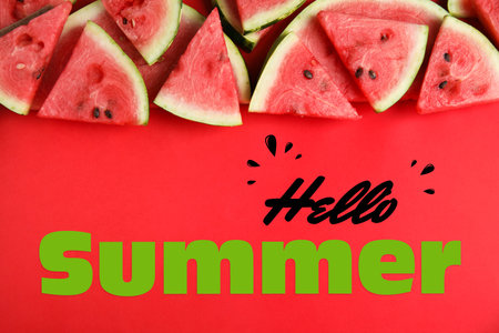 hello summer. Slices of ripe watermelon on red background, flat layの写真素材