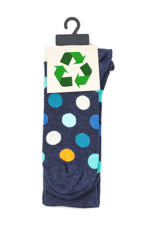 Colorful socks with recycling label on white background, top viewの写真素材