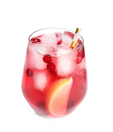 Tasty refreshing cranberry cocktail with lemon isolated on whiteの写真素材