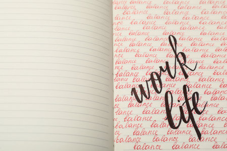 Open notebook with written words, top view. Life and work balance conceptの写真素材