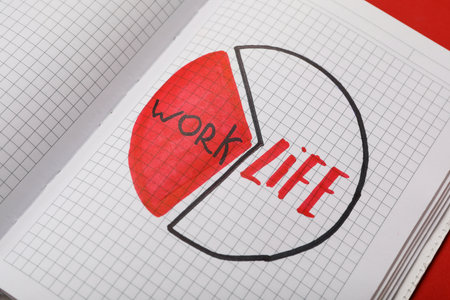 Drawn pie chart with words Work and Life in notebook on red background, closeup. balance conceptの写真素材