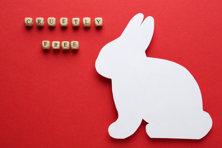 Wooden cubes with text Cruelty Free and figure of rabbit on red background, flat lay. Stop animal testsの写真素材
