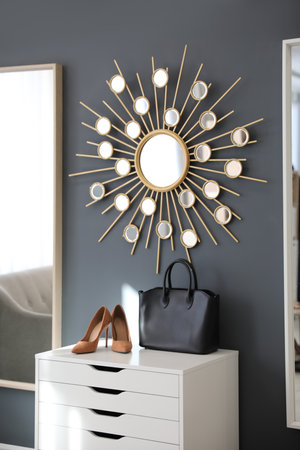 Stylish women's shoes and bag in modern boutiqueの写真素材