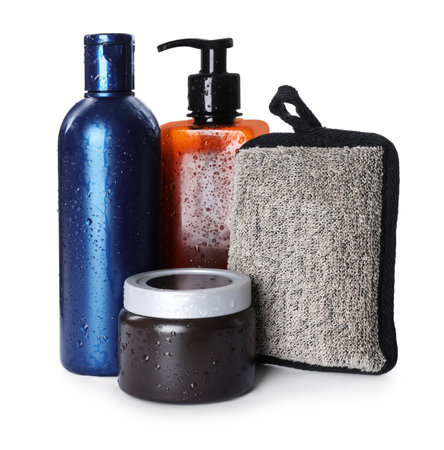 Set of different men's cosmetic products isolated on whiteの写真素材