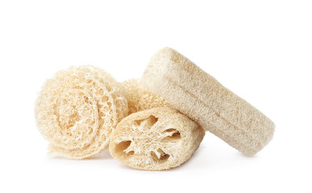 Natural shower loofah sponges on white backgroundの写真素材