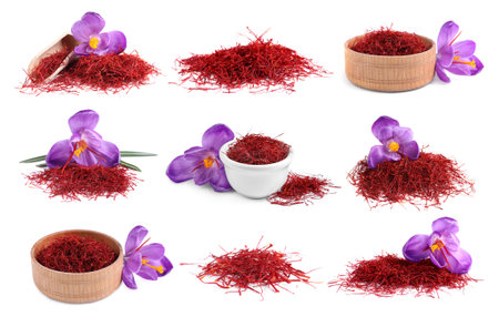 Set with dried saffron and crocus flowers on white backgroundの写真素材