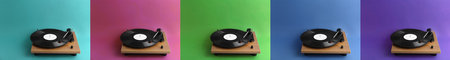Collage of turntables with vinyl records on different color backgrounds. banner design