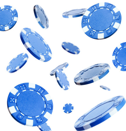 Blue casino chips falling on white backgroundの写真素材