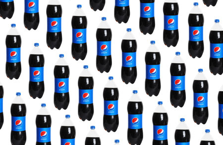 MYKOLAIV, UKRAINE - FEBRUARY 10, 2021: Bottles of Pepsi on white backgroundのeditorial素材