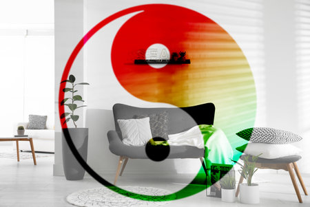 Stylish living room interior and Yin Yang symbol. Feng Shui philosophyの写真素材