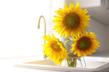 Vase with beautiful yellow sunflowers in kitchen sink, space for textの写真素材