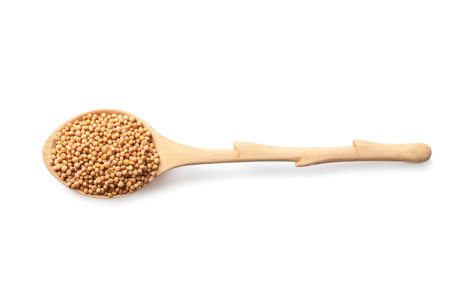 Spoon with mustard seeds on white background, top viewの写真素材