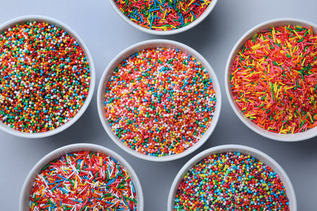Colorful sprinkles in bowls on light gray background, flat lay. Confectionery decorの写真素材