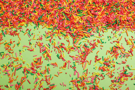 Colorful sprinkles on green background, flat lay. Confectionery decorの写真素材