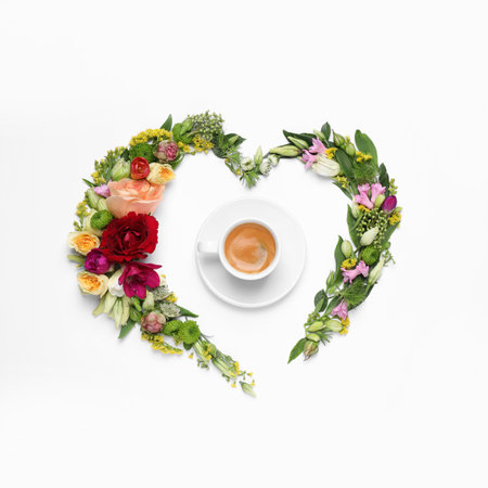 Beautiful heart shaped floral composition with cup of coffee on light background, flat layの写真素材