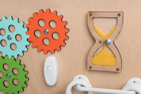 Close up view of busy board. baby sensory toy