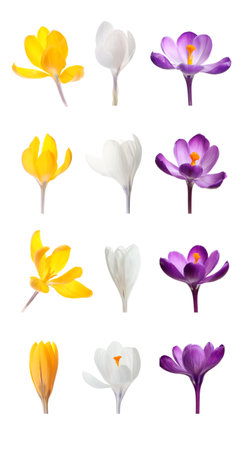 Set with beautiful spring crocus flowers on white background. vertical banner designの写真素材
