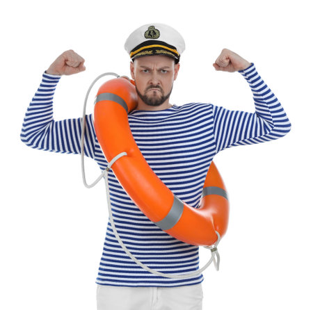 Sailor with orange ring buoy on white backgroundの写真素材