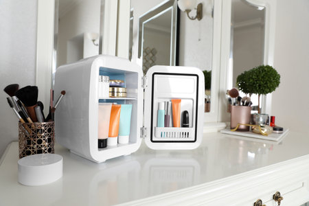 Mini fridge with cosmetic products on white vanity tableの写真素材