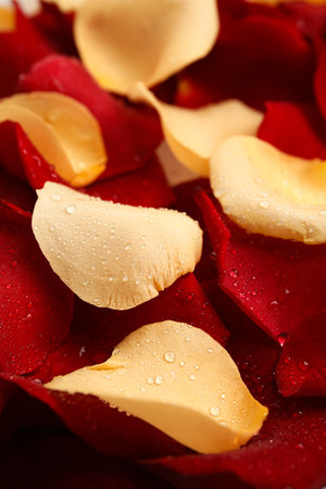 Pile of fresh rose petals with water drops as background, closeupの写真素材