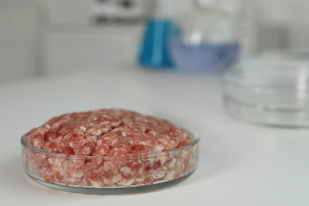 Petri dish with raw minced cultured meat on white table indoors, space for textの写真素材