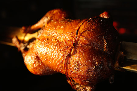 Grilling whole delicious duck in rotisserie machine, closeupの写真素材