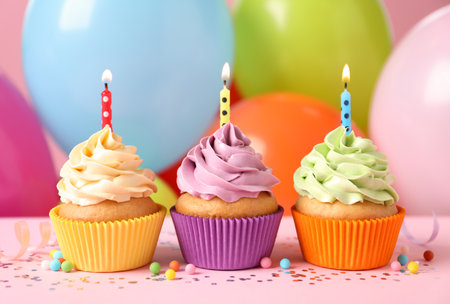 Birthday cupcakes with burning candles and sprinkles on pink table against color balloons, closeupの写真素材