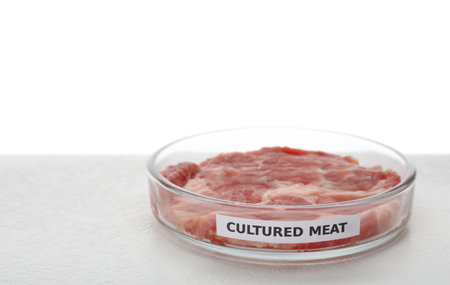Petri dish with piece of raw cultured meat and label on table against white backgroundの写真素材
