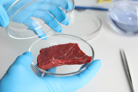Scientist holding Petri dish with piece of raw cultured meat in laboratory, closeupの写真素材