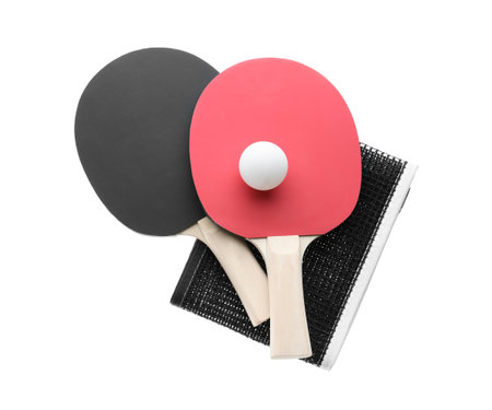 Table tennis rackets, net and ball isolated on white, top viewの写真素材